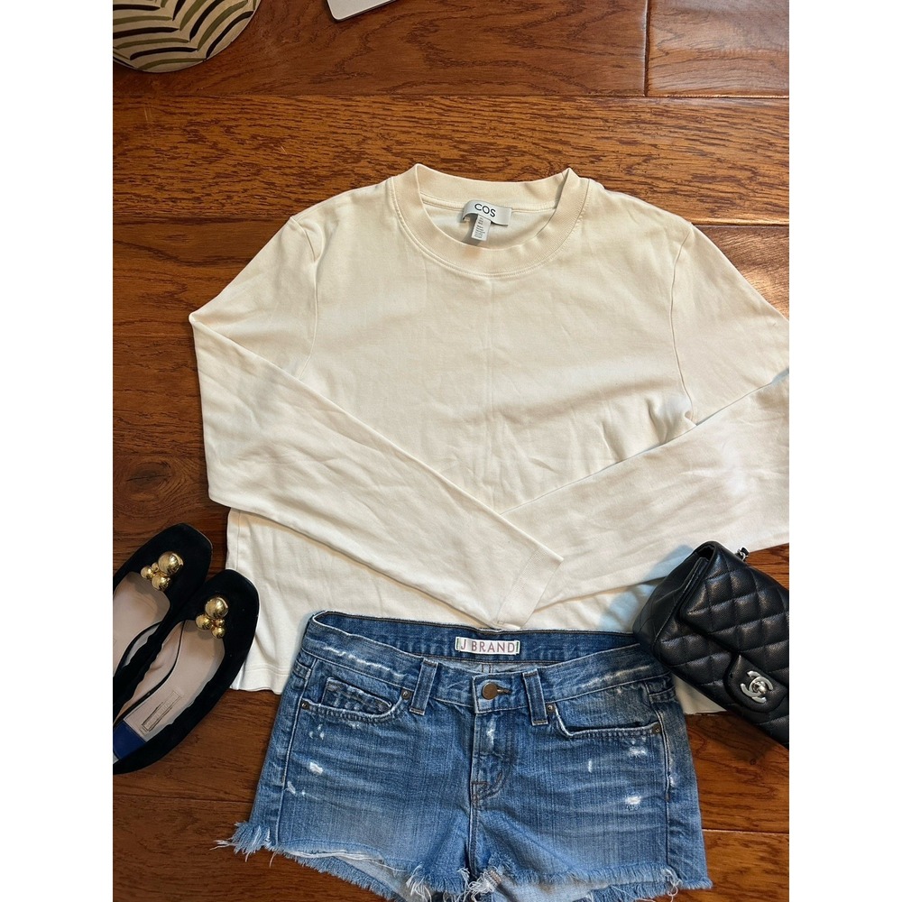 COS Off White Cream Long Sleeve Cotton Crewneck T Shirt Top Womens Size L
